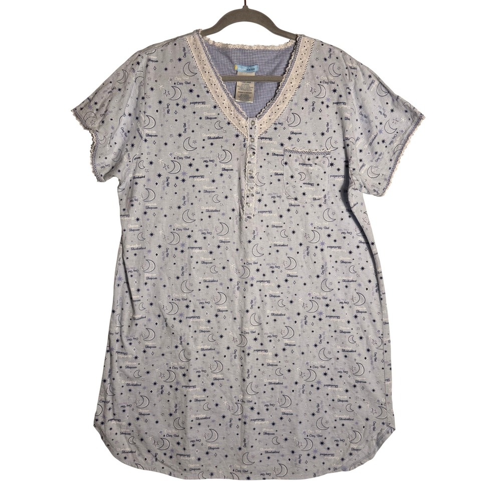 Moon Dance Women's L Nightgown Sleepshirt Blue‎ Moon Stars Print Short Sleeve